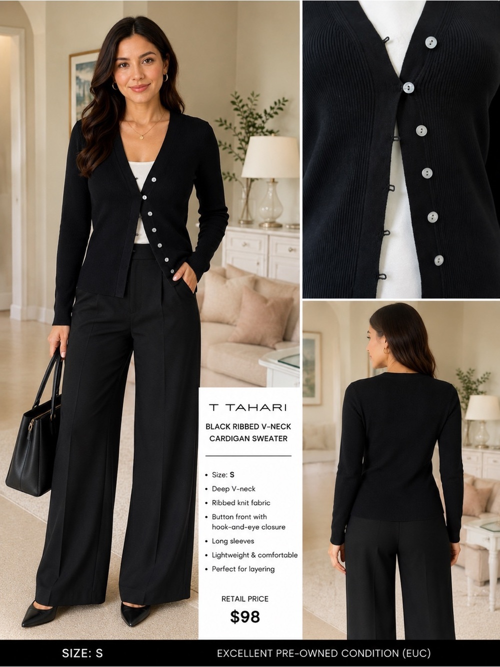 T Tahari by Elie Tahari Black Ribbed V-Neck Cardigan Sweater long sleeve S EUC